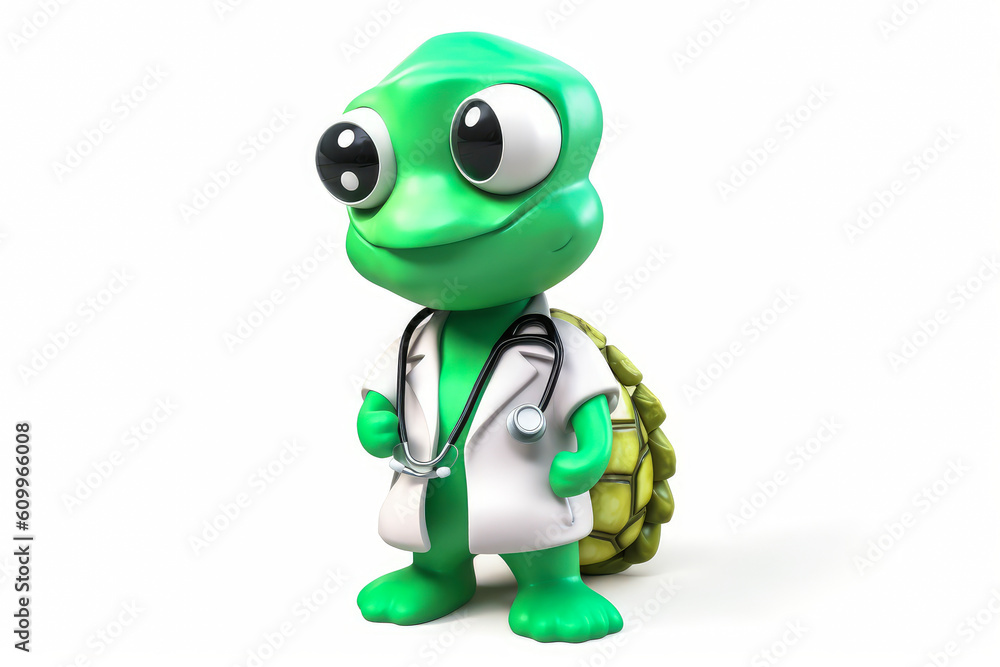 Captivating image of a green turtle in a white doctor's coat, highlighting its protective shell on a pristine background, ideal for healthcare promotions. Generative AI Captivating image of a green turtle in a white doctor's coat, highlighting its protective shell on a pristine background, ideal for healthcare promotions. Generative AI