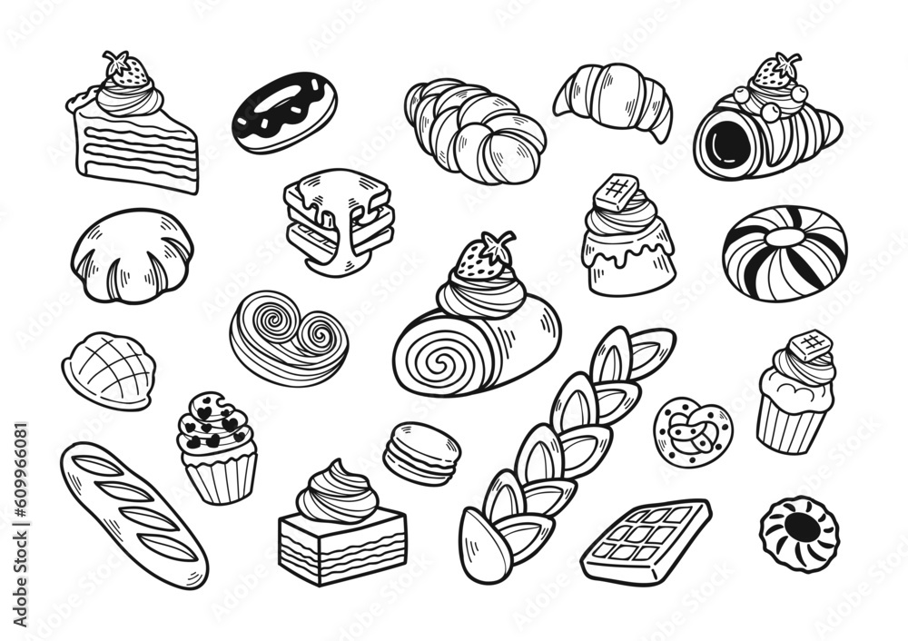 black and white hand drawn dessert bakery collection