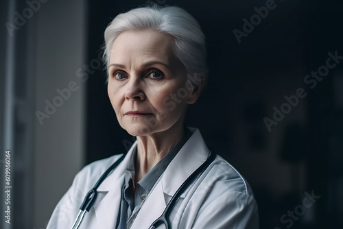 Generative AI illustration of serious elderly female doctor in medical uniform with stethoscope looking at camera against dark background in hospital photo