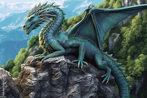 Emerald dragon with open wings against the background of rocks. Generate Ai Generative AI