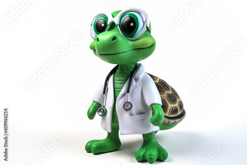Enchanting green turtle photo, donning doctor's white coat on a pure white backdrop, conveying care and empathy - ideal for medical and animal subjects. Generative AI