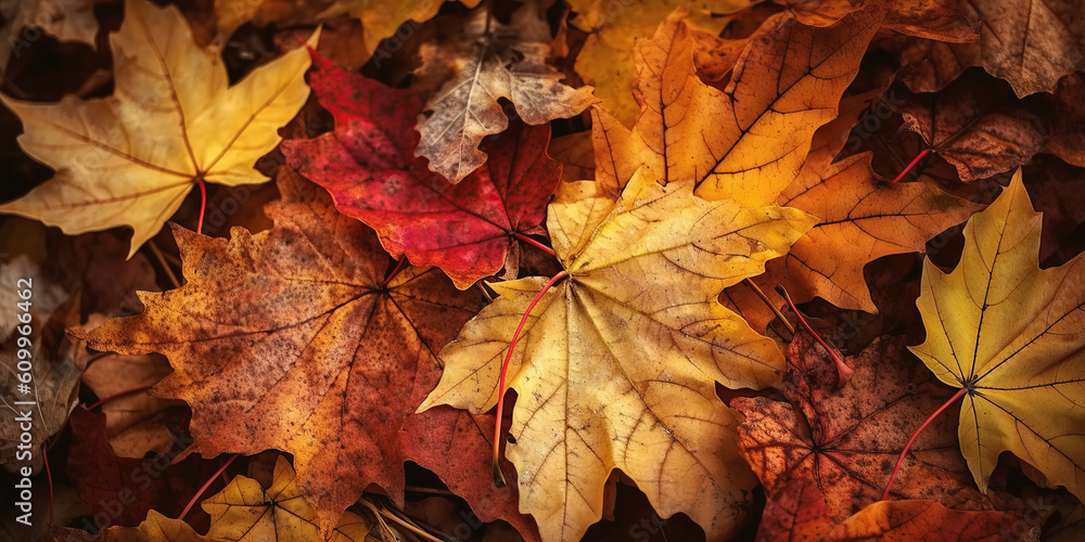 orange autumn background with fallen golden maple leaves. Generative AI orange autumn background with fallen golden maple leaves. Generative AI