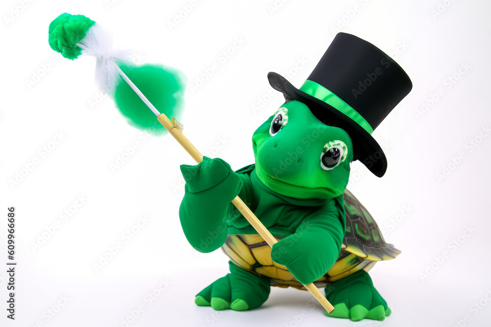 Obraz premium Captivating green turtle mascot with a magician vibe, sporting a top hat and waving a magic wand on a white background - sparking emotions and imagination. Generative AI