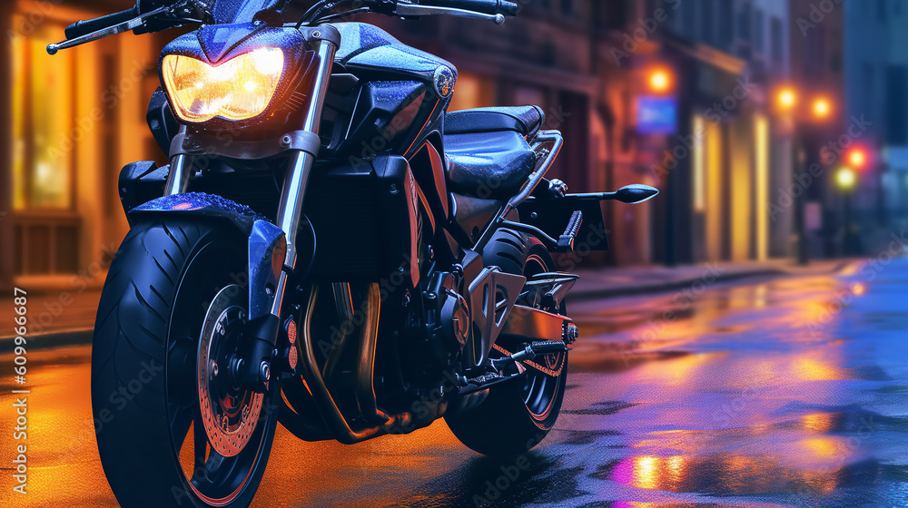 A motorcycle in the night city close up photo