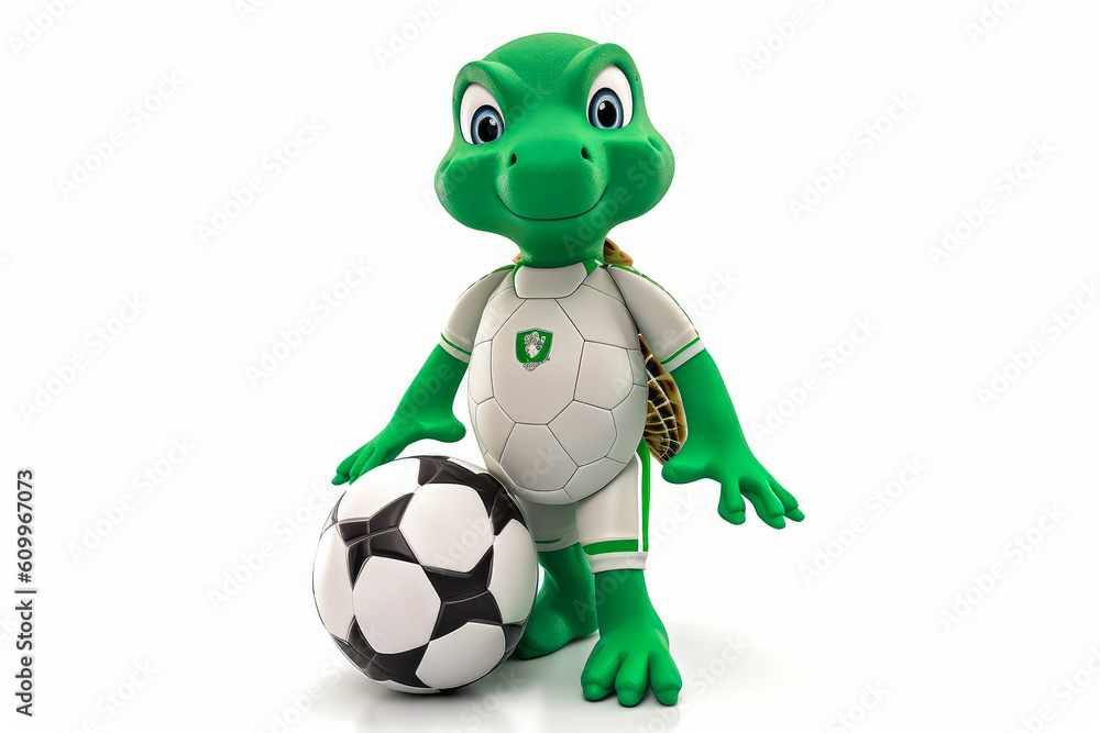 Fototapeta premium A green turtle mascot with a distinctive shell and soccer outfit, playing with a ball against a white background. Ideal for creating a sporty, dynamic atmosphere. Generative AI