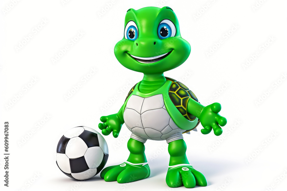 Charming green turtle mascot playfully kicking a soccer ball, wearing a jersey on vibrant white background. Captivating and emotive imagery for your projects. Generative AI Charming green turtle mascot playfully kicking a soccer ball, wearing a jersey on vibrant white background. Captivating and emotive imagery for your projects. Generative AI