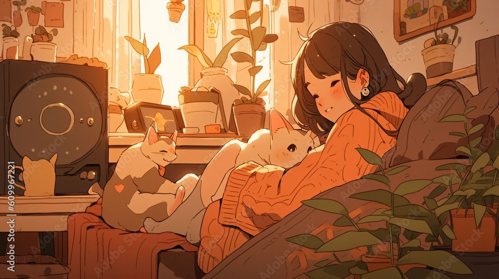 Fototapeta premium Cute lofi Girl in a room, anime manga bedroom wallpaper background design, colorful, Generative AI
