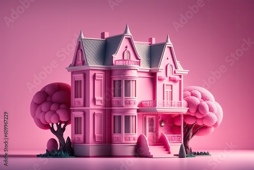 Cute pink dollhouse. Stylish home for a doll. Generative Ai photo