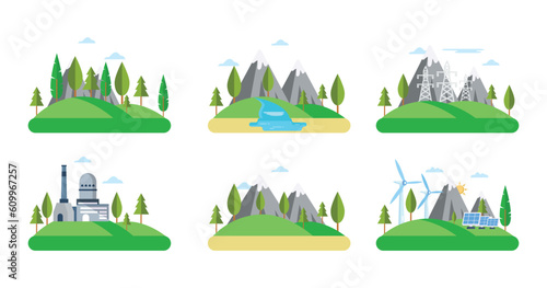 Renewable power plants station resources. Natural, thermal, hydro and chemical.