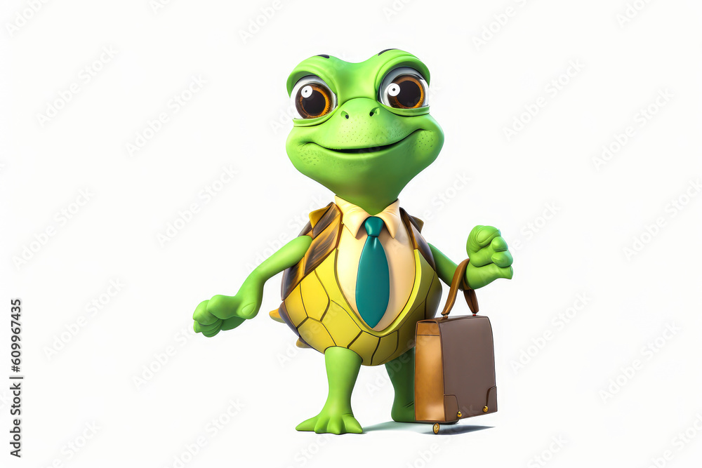 Obraz premium Captivating turtle mascot in business attire, featuring a female business turtle with carapace, dressed in suit and holding briefcase on white background. Emotionally appealing! Generative AI