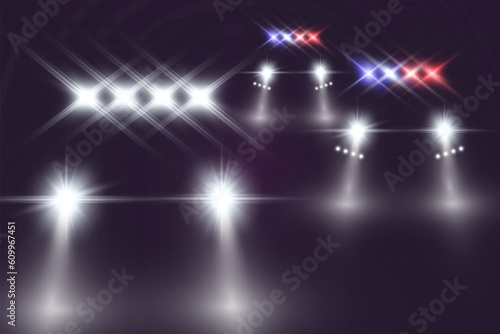 Realistic white glow round beams of car headlights, isolated on transparent background. Police car. Light from headlights. Police patrol.	
