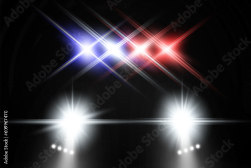 Realistic white glow round beams of car headlights, isolated on transparent background. Police car. Light from headlights. Police patrol.	
