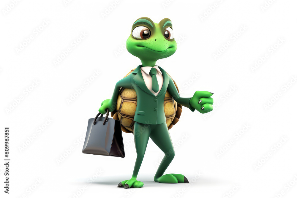 Stunning and emotionally captivating, a savvy green turtle woman in suit with briefcase on white background exudes unique business charm. License for impact! Generative AI Stunning and emotionally captivating, a savvy green turtle woman in suit with briefcase on white background exudes unique business charm. License for impact! Generative AI