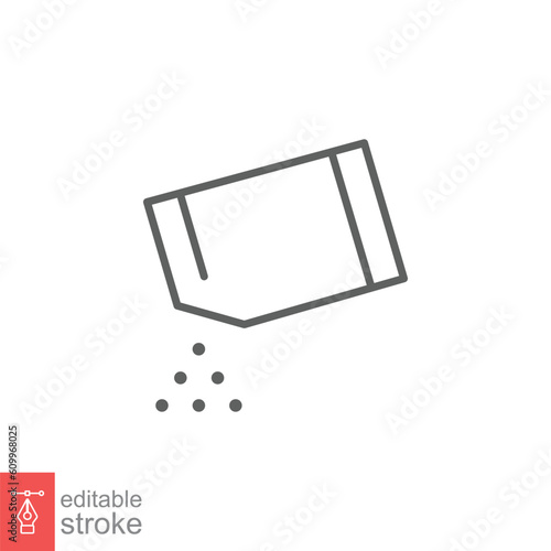Packet soluble powder icon. Simple outline style. Open paper sachet, tear, pour, water, sugar, food concept. Thin line symbol. Vector illustration isolated on white background. Editable stroke EPS 10.
