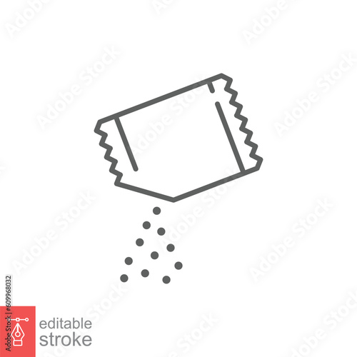 Packet soluble powder icon. Simple outline style. Open paper sachet, tear, pour, water, sugar, food concept. Thin line symbol. Vector illustration isolated on white background. Editable stroke EPS 10.