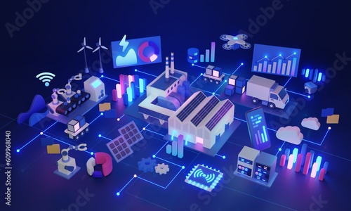 Industrial IoT data or internet of things for manufacturing 3D illustration. Three dimensional scene with smart devices usage for production business, control or automation. 5G network infrastructure