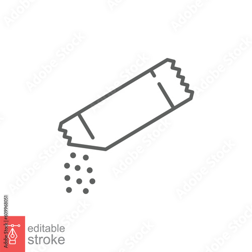 Packet soluble powder icon. Simple outline style. Open paper sachet, tear, pour, water, sugar, food concept. Thin line symbol. Vector illustration isolated on white background. Editable stroke EPS 10.