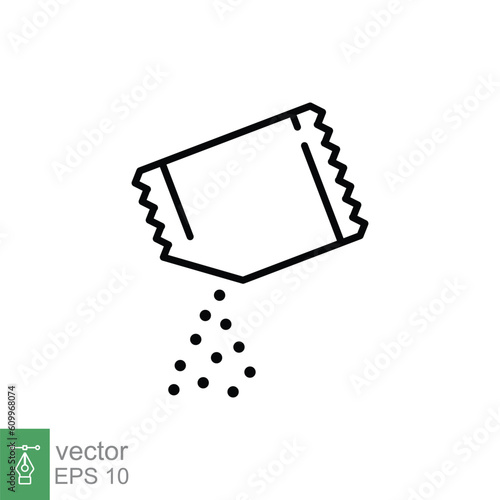 Packet soluble powder icon. Simple outline style. Open paper sachet, tear, pour, medicine, effervescent, bag, food concept. Thin line symbol. Vector illustration isolated on white background. EPS 10.