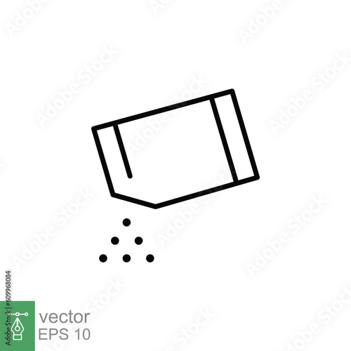 Packet soluble powder icon. Simple outline style. Open paper sachet, tear, pour, medicine, effervescent, bag, food concept. Thin line symbol. Vector illustration isolated on white background. EPS 10.