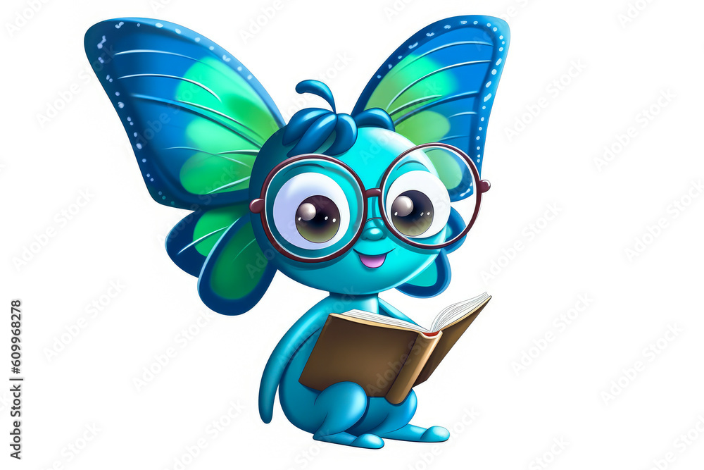 Charming butterfly mascot reading a book and wearing glasses on white background – emanates wisdom and appeals to emotions, perfect for educational marketing. Generative AI