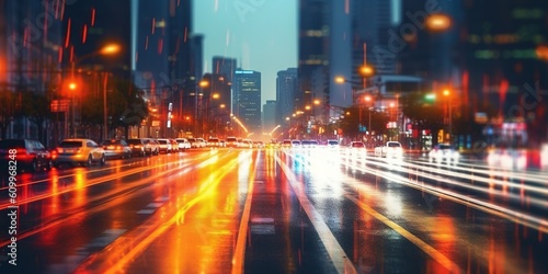 Blurry lights of road traffic at night, abstract unfocused cityscape background