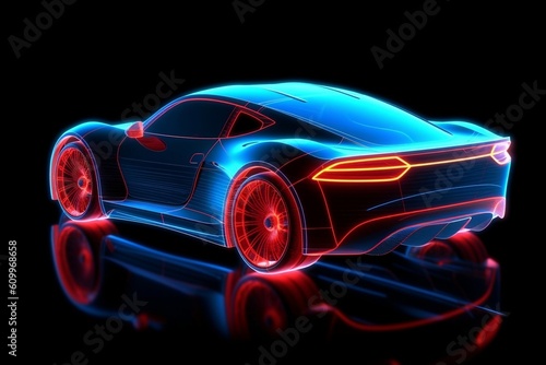 Sleek Sports Car Illuminated with Neon Backlight Contours. Generative AI