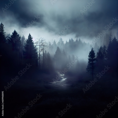Gloomy enigma. Eerie foggy twilight scene with silhouettes of firs and woodland. AI-generated