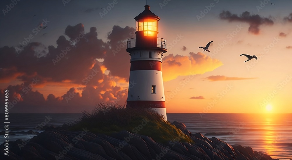 beautiful lighthouse by the ocean with sunset created with generative ai