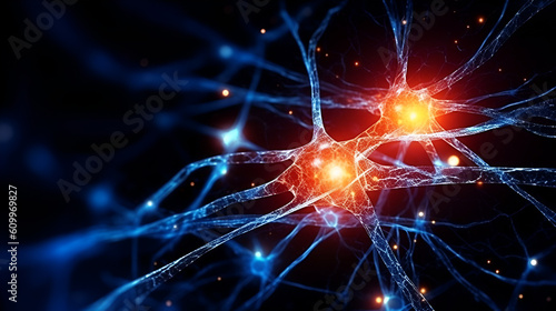 Active nerve cells. Neuronal network with electrical activity of neuron cells. Neuroscience, neurology, brain activity, nervous system and impulse