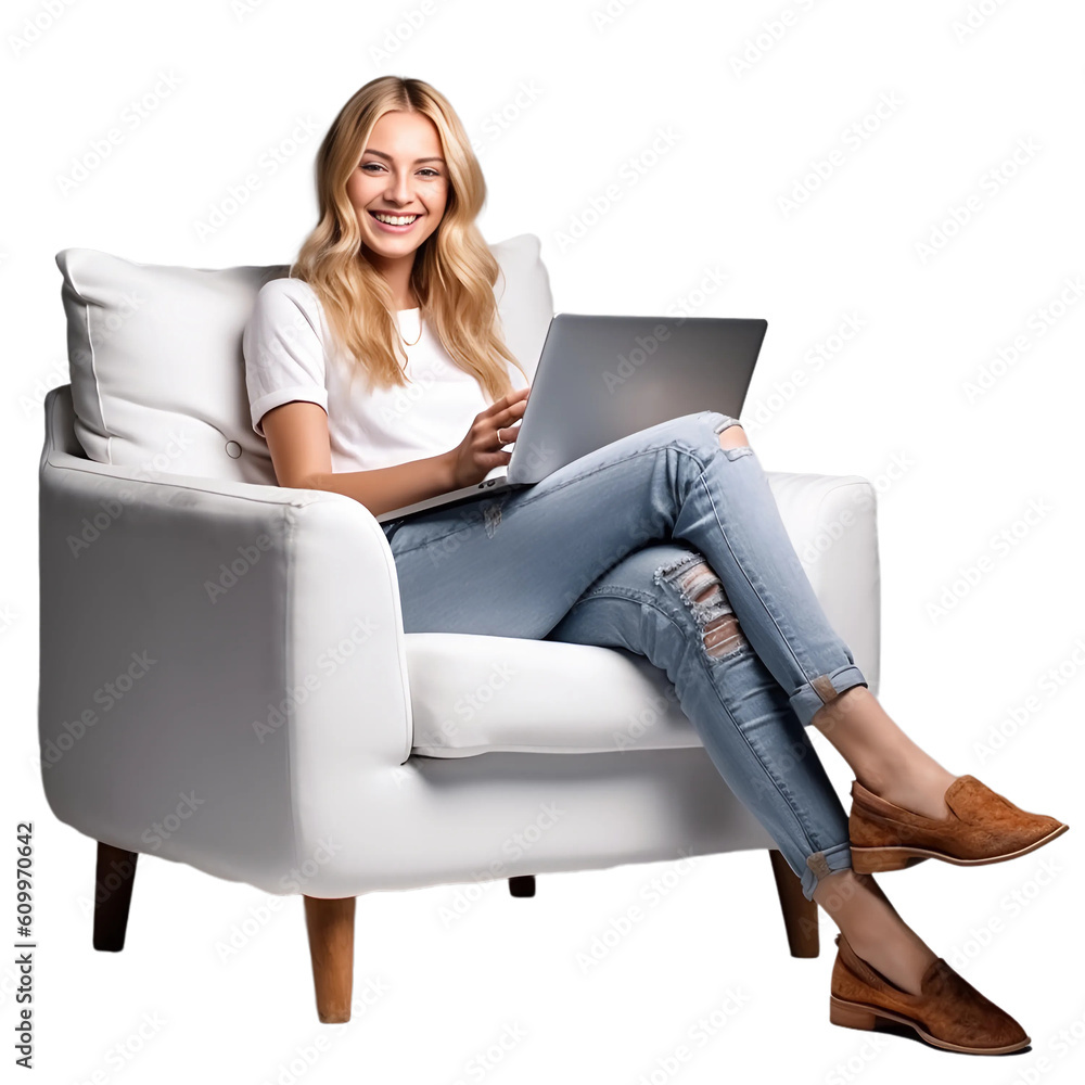 A fictional person, blond woman sitting on a white arm chair with laptop, generative AI A fictional person, blond woman sitting on a white arm chair with laptop, generative AI