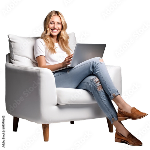 A fictional person, blond woman sitting on a white arm chair with laptop, generative AI  © Chirus