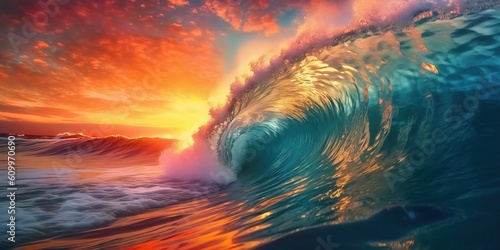 Colorful ocean wave. Sea water wave shape. Sunset light and beautiful clouds on beach background