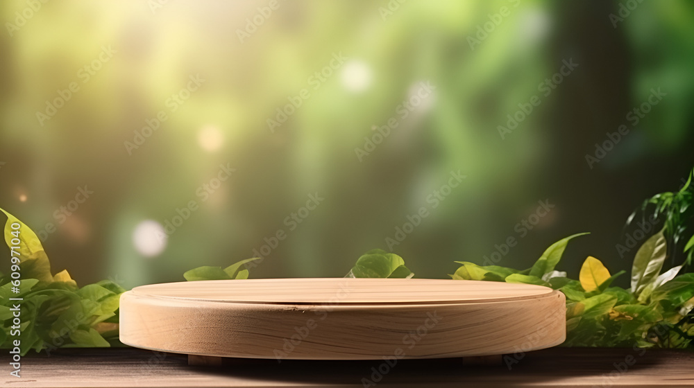 Wooden product display podium with green nature garden background Wooden product display podium with green nature garden background