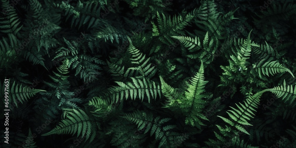 Dark green ferns background, fern leaves moody botanical texture, low key natural plants banner