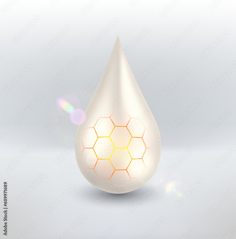 Realistic vector light drop of cream with hexagon texture. Skin care cream with honey. Sunscreen, cosmetics and cleaning products concept. Vector 3D illustration. Realistic vector light drop of cream with hexagon texture. Skin care cream with honey. Sunscreen, cosmetics and cleaning products concept. Vector 3D illustration.