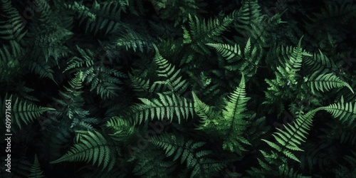 Dark green ferns background  fern leaves moody botanical texture  low key natural plants banner
