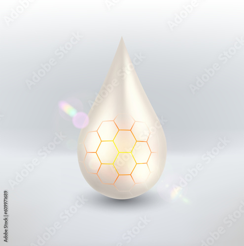 Realistic vector light drop of cream with hexagon texture. Skin care cream with honey. Sunscreen, cosmetics and cleaning products concept. Vector 3D illustration.