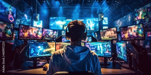 Esports and online gaming  back view of man wearing headphones and playing game on screen monitor