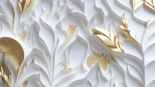 3D abstract white papercut background accentuated with delicate golden pattern halftone particle elements. 3d Combine flowing organic metalic forms with precise geometric shapes.
