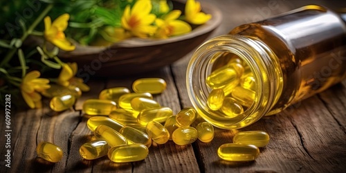Evening primrose oil capsules in bottle, soft gels, Oenothera biennis plant on wooden table photo