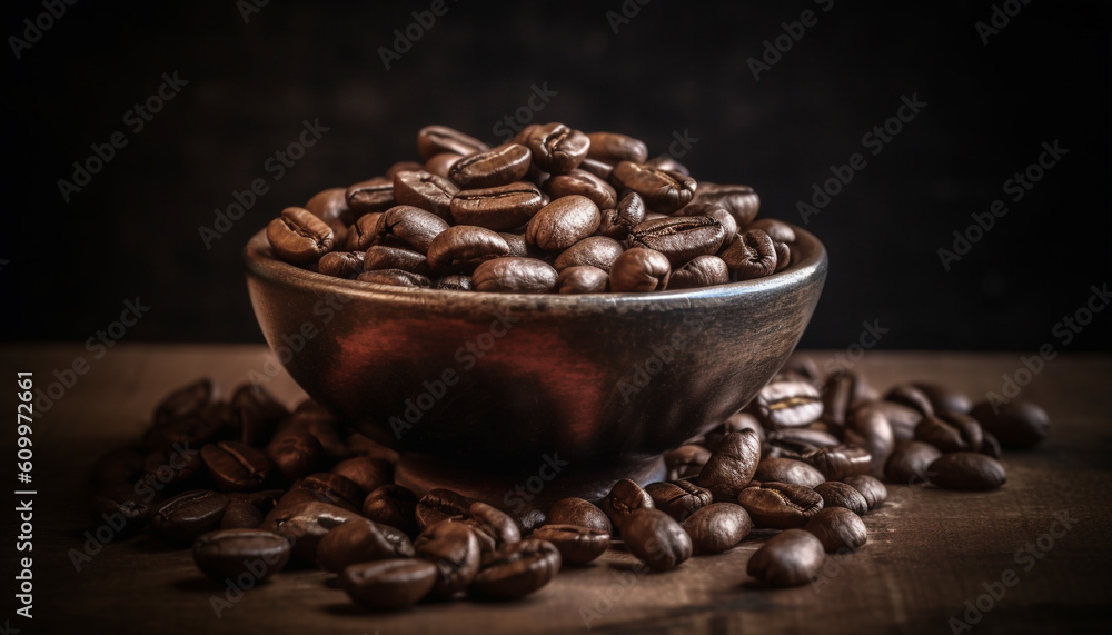 Fototapeta premium Freshly ground coffee beans on rustic wooden table, aromatic scent generated by AI