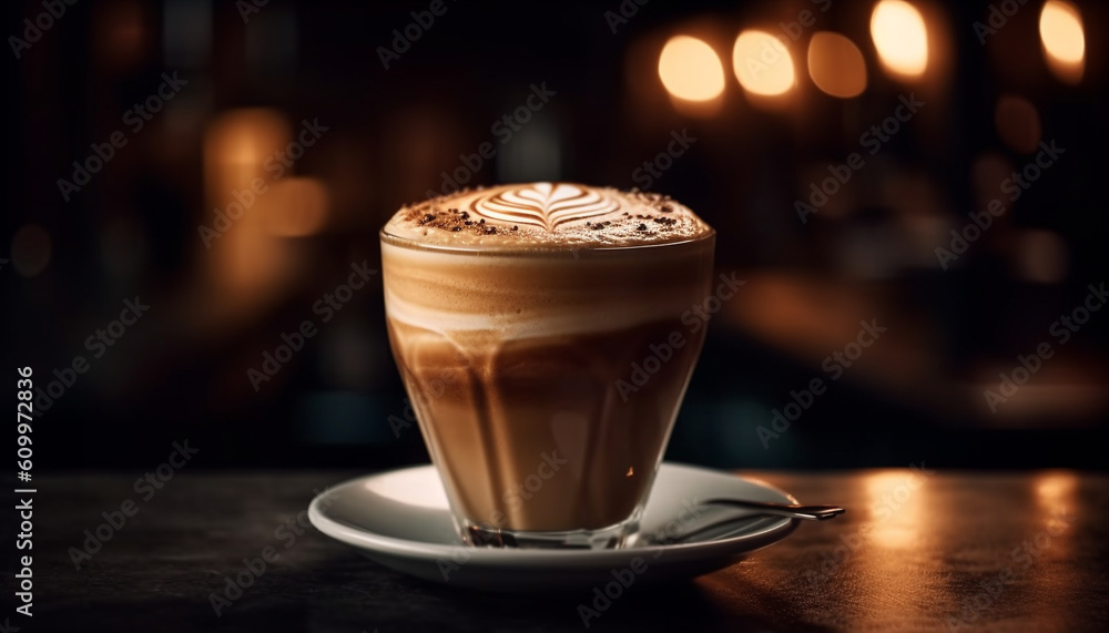 Frothy coffee on wooden table, a caffeine addiction refreshment generated by AI Frothy coffee on wooden table, a caffeine addiction refreshment generated by AI