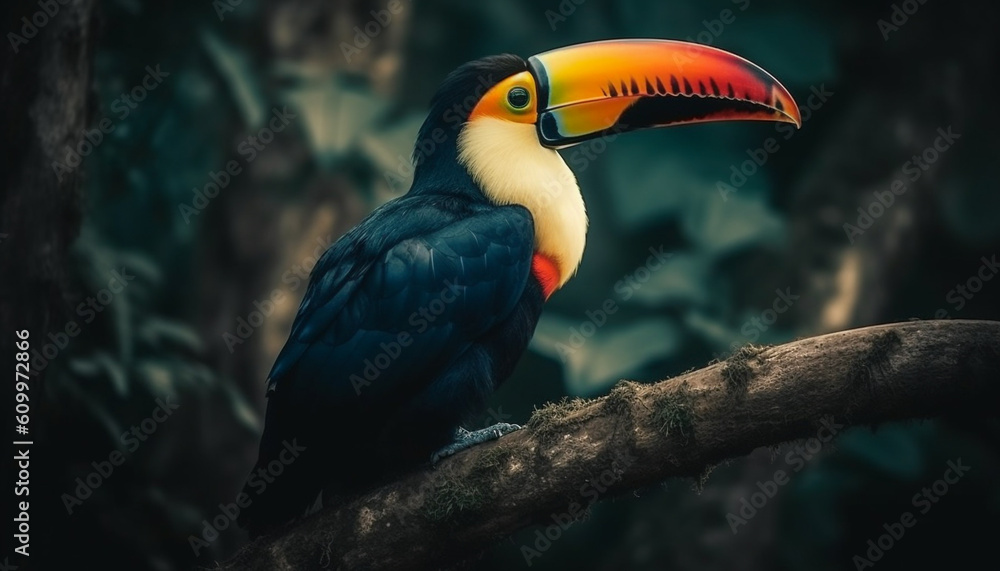 Fototapeta premium Multi colored toucan perching on branch in tropical rainforest generated by AI