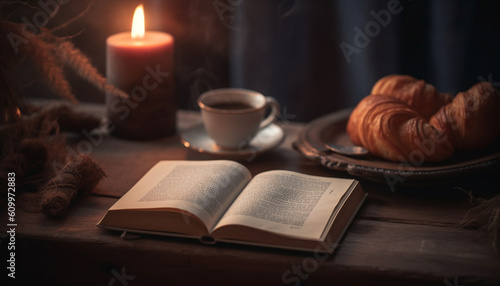 Still life of literature and religion on rustic table with coffee generated by AI