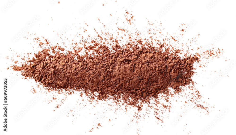 Pile cocoa powder isolated on white, top view Pile cocoa powder isolated on white, top view