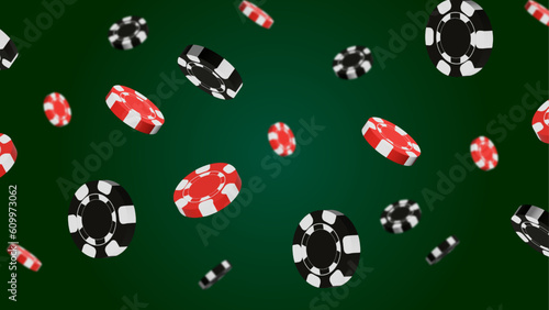 3D Flying casino red and black chips with green background