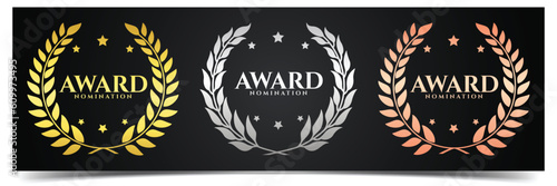 Golden, silver and bronze award signs with laurel wreath, award nomination trophy and award winning symbol. Winner label, leaf symbol victory with black background. Vector illustration