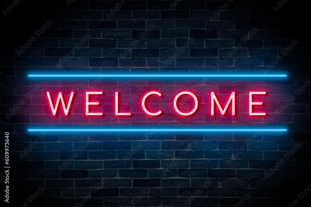 Obraz premium Welcome neon banner on brick wall background.