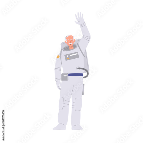 Happy elderly senior cosmonaut cartoon character wearing spacesuit waving hand enjoying space trip