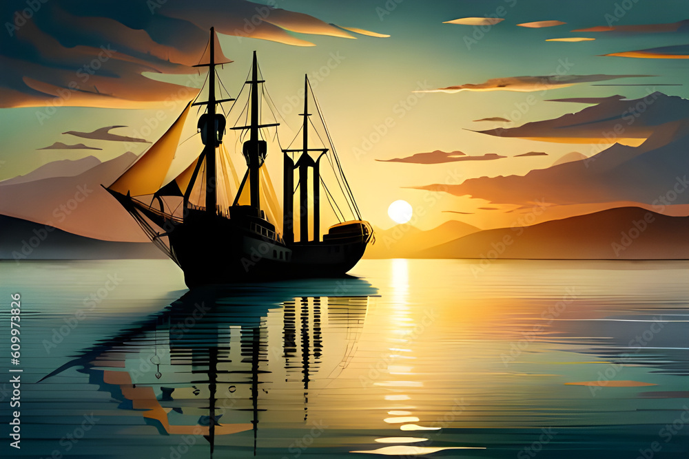 Sailing boat in the sea at sunset, 3d render illustration, abstract painting, generative ai